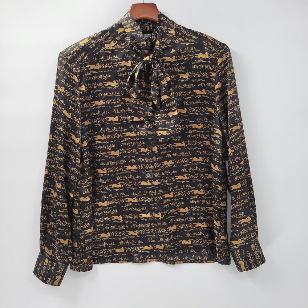 Vintage Evan-Picone Horse Print Tie Neck Blouse Size 16 Shoulder Pads Button Up